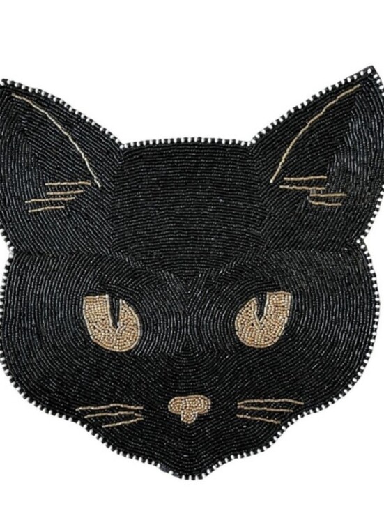 Other - Black Cat Beaded Placemat - Decorative Cat Face
